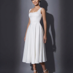 Свадебное платье длины миди с квадратным вырезом и пышной юбкой