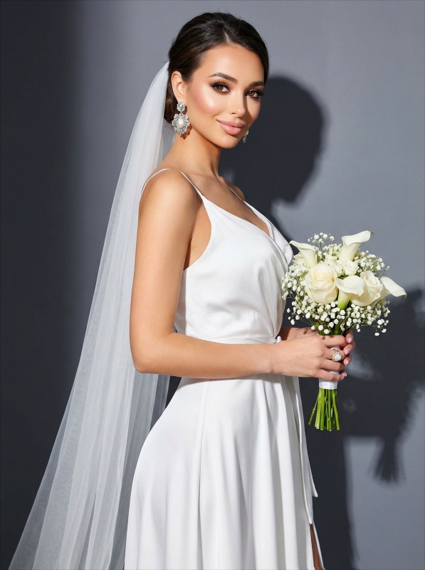 Классическое длинное свадебное платье из сатина