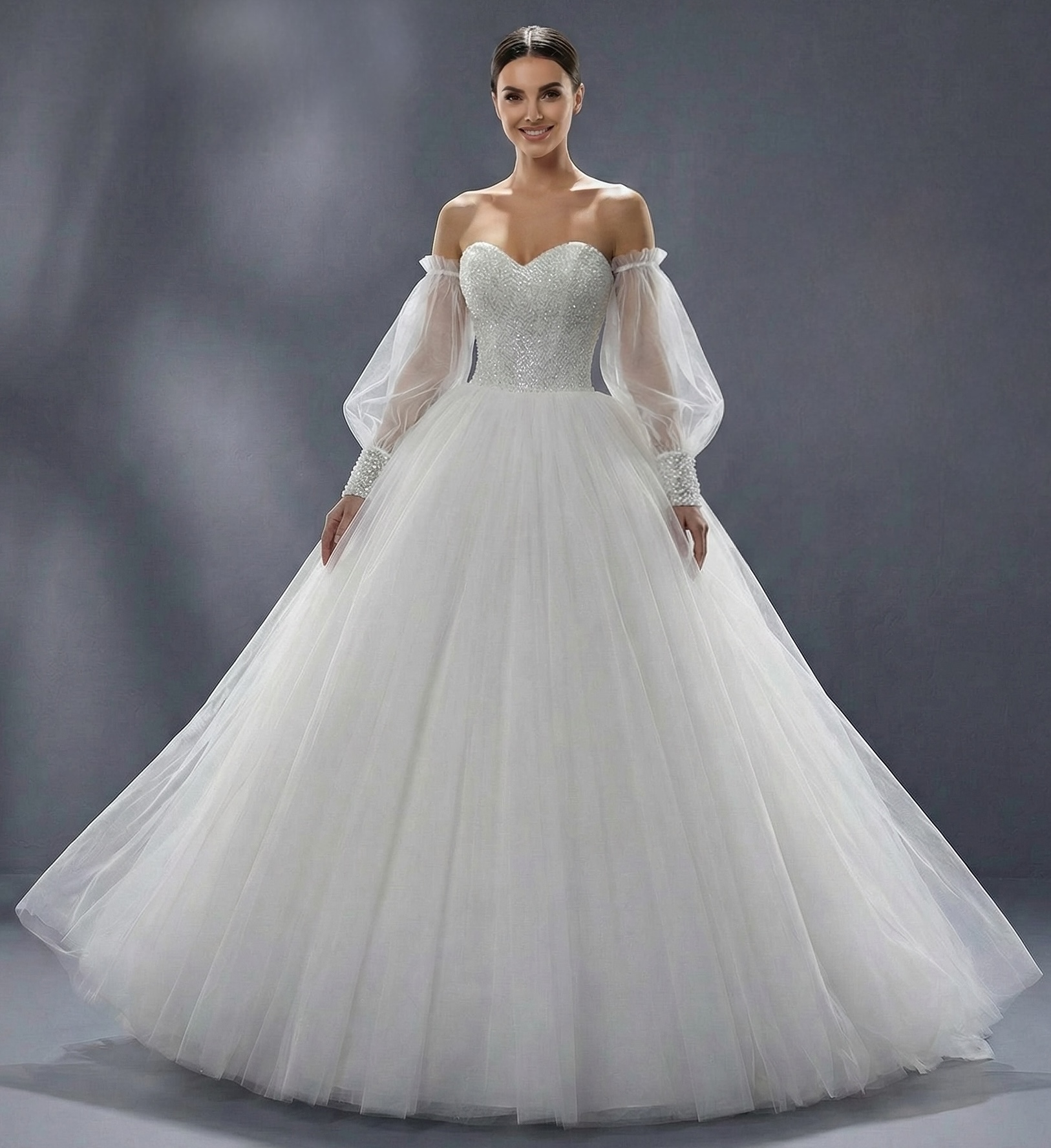 IMG_4863 Пышное свадебное платье А-силуэта со съемными спущенными рукавами — изображение 1