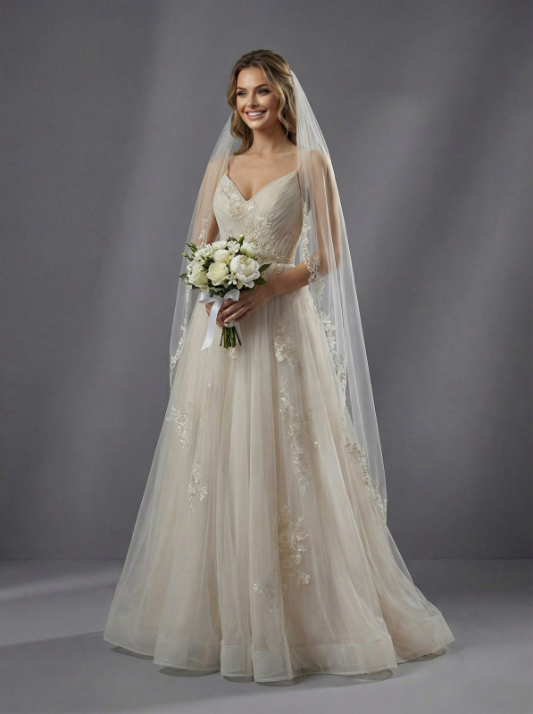 Свадебное платье цвета шампань с тонкими бретелями и пышной многослойной юбкой