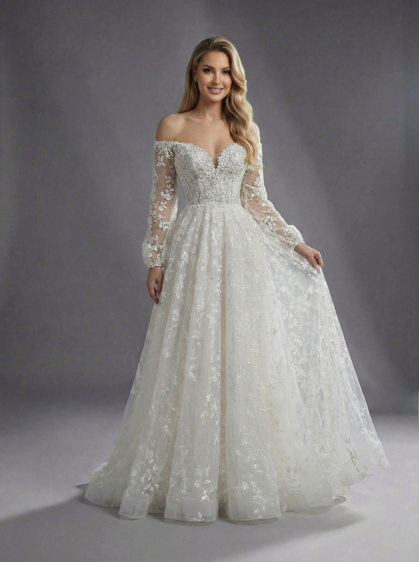 Свадебное платье с акцентированной талией, плавно расширяющейся к низу юбкой и длинными, объемными рукавами из полупрозрачной ткани на манжетах.