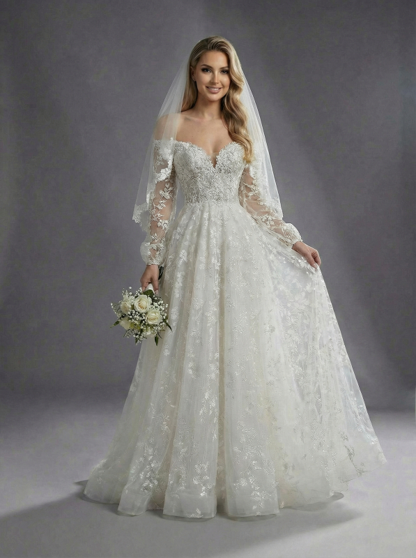 Свадебное платье с акцентированной талией, плавно расширяющейся к низу юбкой и длинными, объемными рукавами из полупрозрачной ткани на манжетах.