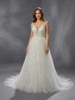 Свадебное платье с воздушной, многослойной юбкой и облегающим корсетным лифом на тонких бретелях — изображение 2