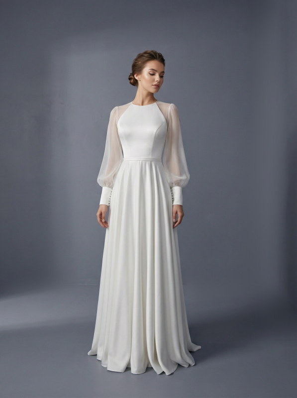 Элегантное свадебное платье А-силуэта с длинными воздушными рукавами на высоких манжетах