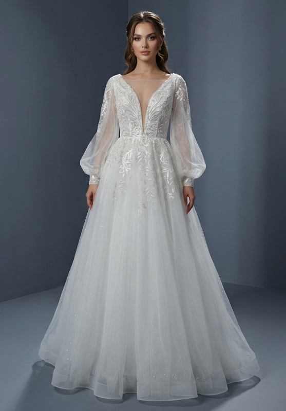 Роскошное свадебное платье А-силуэта с пышными рукавами-фонариками