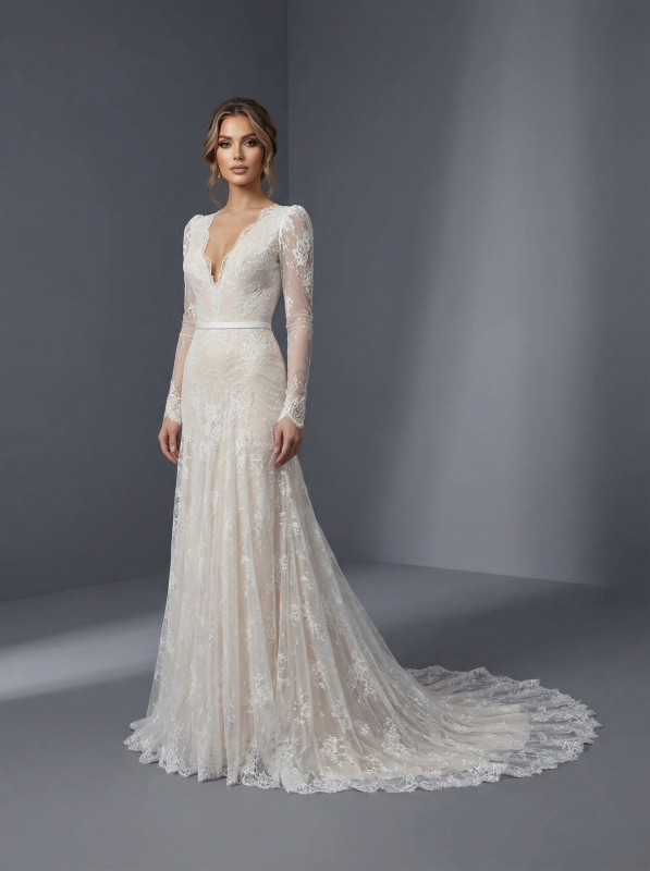 Изысканное свадебное платье А-силуэта з фактурного кружева с цветочными и растительными мотивами