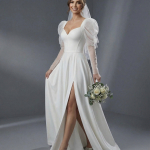 Классический А-силуэт с акцентированной талией, плавно расширяющейся юбкой и пышными рукавами-буфами (или «фонариками»)