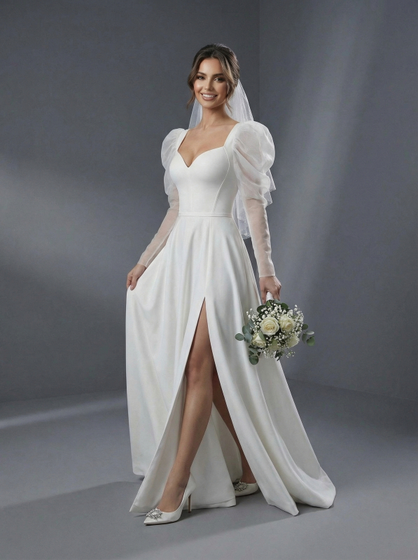 Классический А-силуэт с акцентированной талией, плавно расширяющейся юбкой и пышными рукавами-буфами (или «фонариками»)