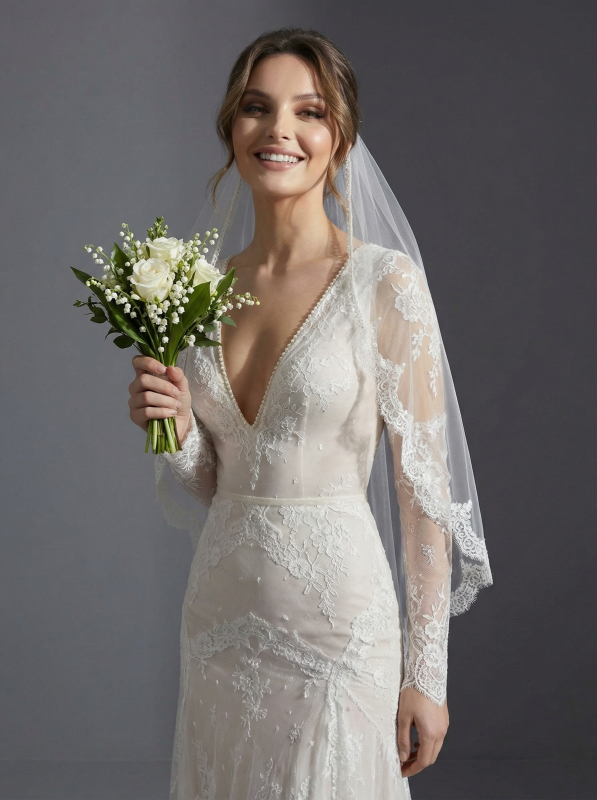 Утонченное свадебное платье в стиле современной классики или бохо-шик с лифом из полупрозрачной ткани и длинными иллюзорными рукавами