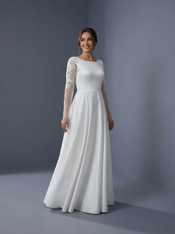 Элегантное свадебное платье в стиле минимализма с классическим А-силуэтом